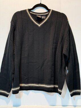 Vintage Route 66 Mens V-Neck Sweater Navy Blue Wool Blend Ribbed Trim XL